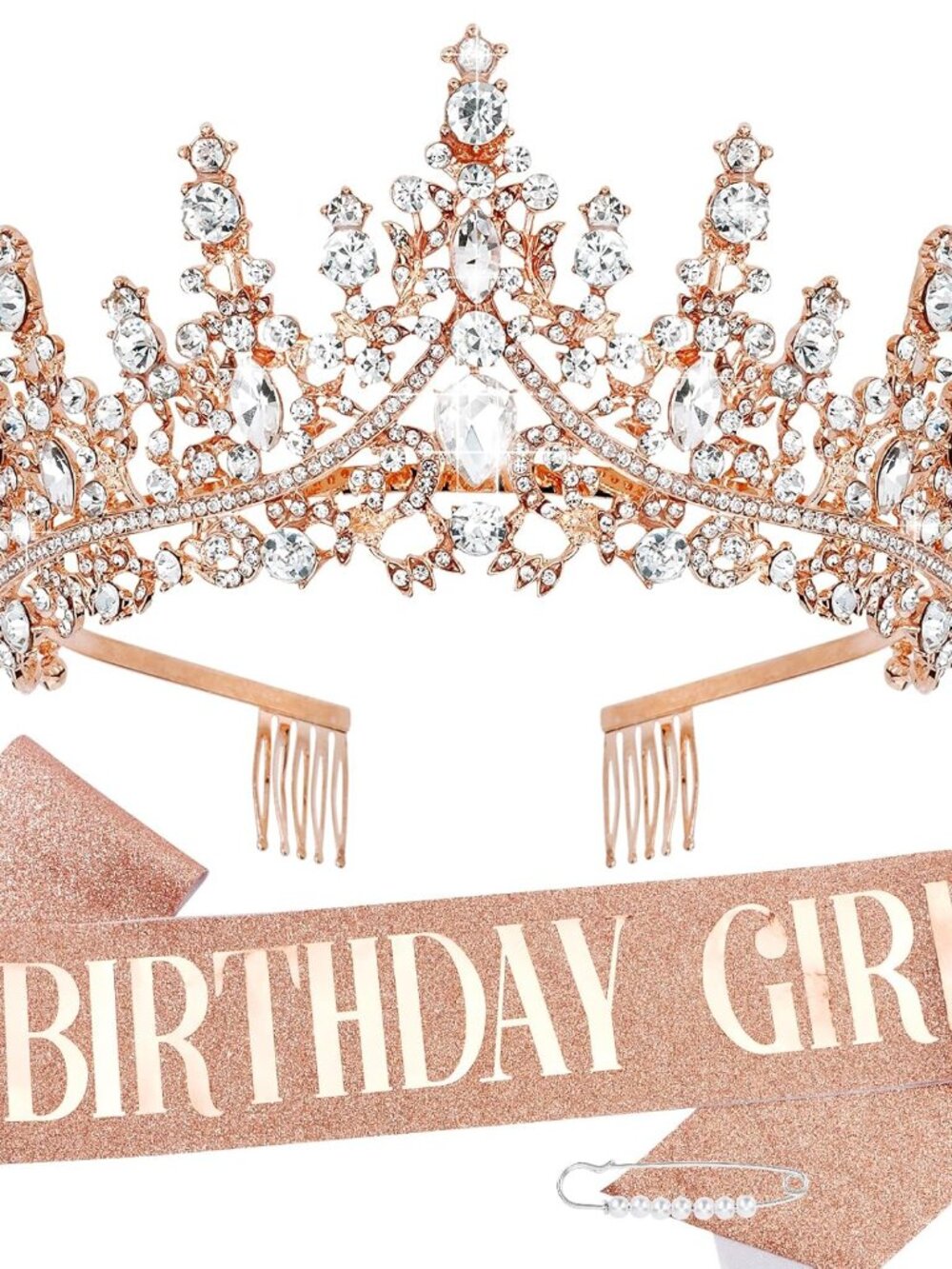 Birthday Crowns and Sash for Women, Rose Gold Princess Birthday Decorations